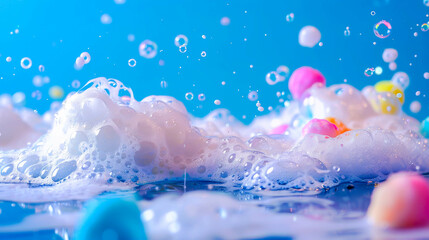 A blue background with a lot of bubbles and a few colorful balls. The bubbles are in different sizes and colors, and the balls are scattered around the bubbles. Concept of playfulness and fun