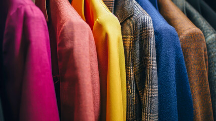 A row of colorful coats hanging on a rack. The colors include pink, yellow, blue, and brown