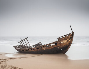 old abandoned shipwreck at the shore on a misty day