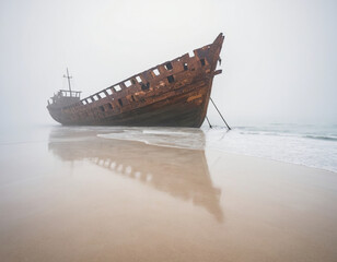 old abandoned shipwreck at the shore on a misty day