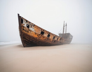 old abandoned shipwreck at the shore on a misty day