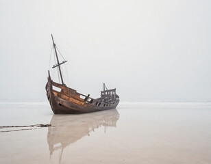 old abandoned shipwreck at the shore on a misty day