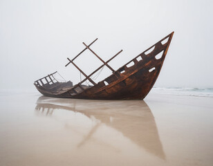 old abandoned shipwreck at the shore on a misty day