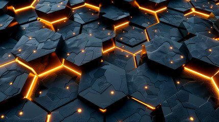Fototapeta premium A black and orange background with a pattern of hexagons. The hexagons are lit up with orange lights, creating a futuristic and industrial feel