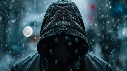A person is wearing a black hoodie and is standing in the snow. The image has a moody and mysterious feel to it, as the person is partially hidden by the hood and the snow