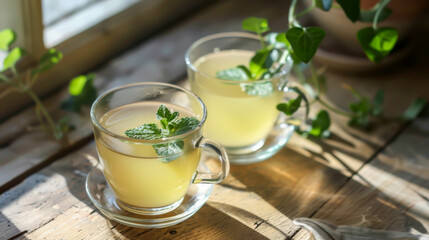 Two cups of tea with mint leaves on top. The cups are on a wooden table. Scene is calm and relaxing