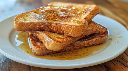 Three pieces of toast with syrup on top of a white plate. The plate is on a wooden table