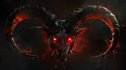 A demonic looking head with red eyes and horns. The horns are large and the head is surrounded by fire