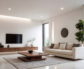 Elegant modern living room featuring a neutral color scheme, contemporary furniture, and natural light, ideal for a sophisticated lifestyle magazine