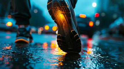 A person is walking on a wet street with a yellow shoe. The street is lit up with lights, creating a moody atmosphere