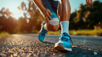 A man is running on a road with his knee bent. He is wearing blue shoes and white socks indicating that it is injured