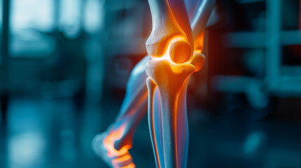 A knee is shown in a 3D image with a red and orange glow. The knee is in a position that is bent at the knee joint, indicating that it is injured