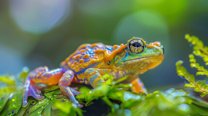 A colorful frog is sitting on a leafy green plant. The frog is bright green and yellow, with a black eye. The image has a lively and vibrant mood, as the colors of the frog