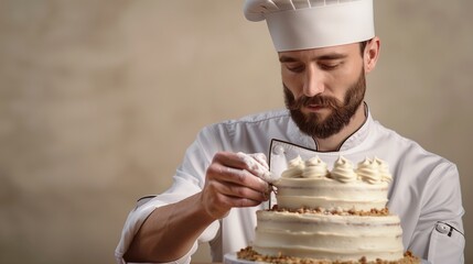Male chef in a white uniform decorating a cake, soft beige background
