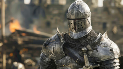Naklejka premium A knight in full armor stands in front of a burning building. The knight is wearing a helmet and a chain mail shirt. The scene is set in a war zone
