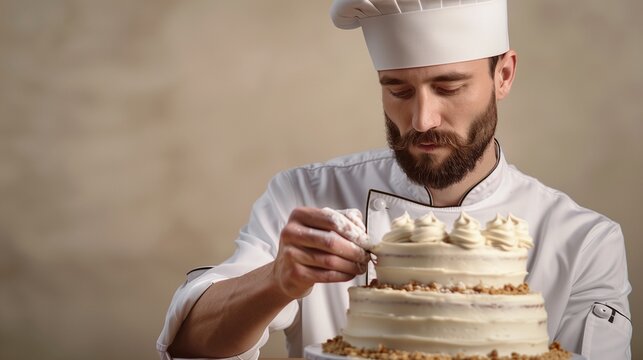 Male chef in a white uniform decorating a cake, soft beige background