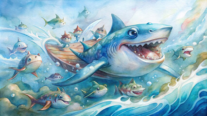 A whimsical interpretation of shark racing, with cartoonish elements and playful colors to appeal to a younger audience.