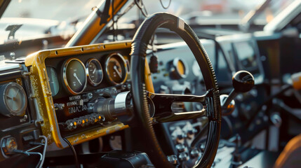 The steering wheel of a car is black and yellow. The dashboard has gauges and a clock