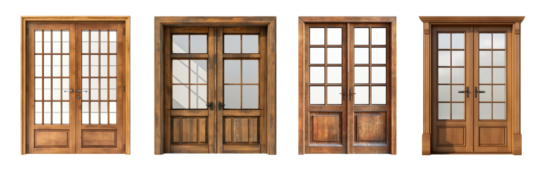 collection of wooden double doors with glass on transparent or white background