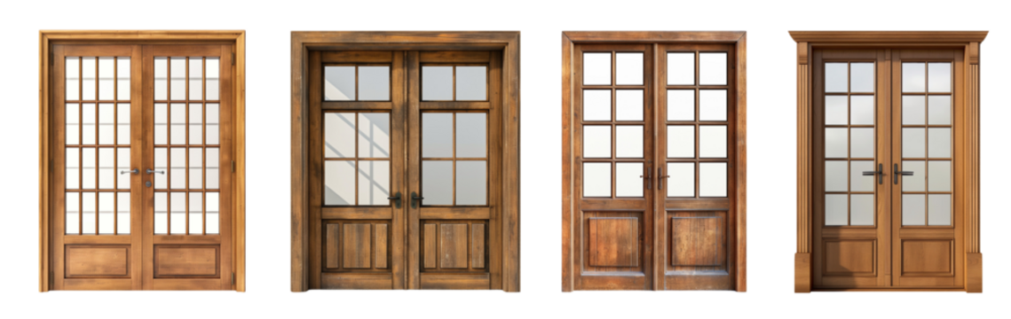 collection of wooden double doors with glass on transparent or white background