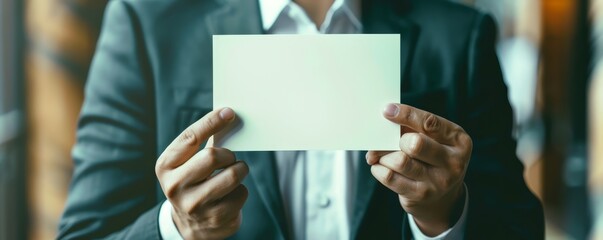 Business professional presenting blank white card with blurred office background.