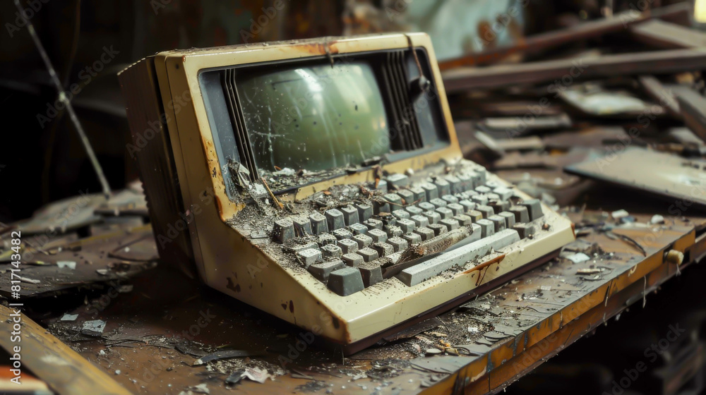 Fototapete an old computer keyboard is sitting on a table covered in debris. the keyboard is covered in dust an