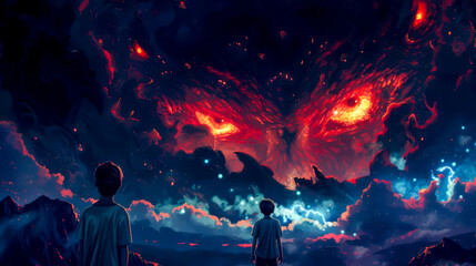 Two people are looking up at a large, glowing red eye in the sky. The eye is surrounded by clouds and he is a monster or some kind of creature. Scene is eerie and unsettling