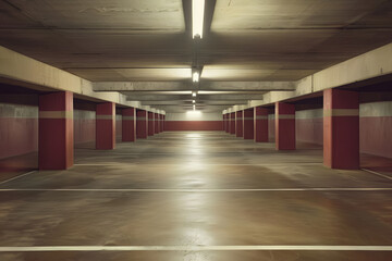 Empty underground parking lot at night