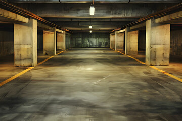 Dimly lit, empty underground car park with concrete columns and yellow parking lines