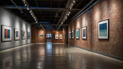 Modern art gallery with exposed brick walls, industrial style and black and white photography