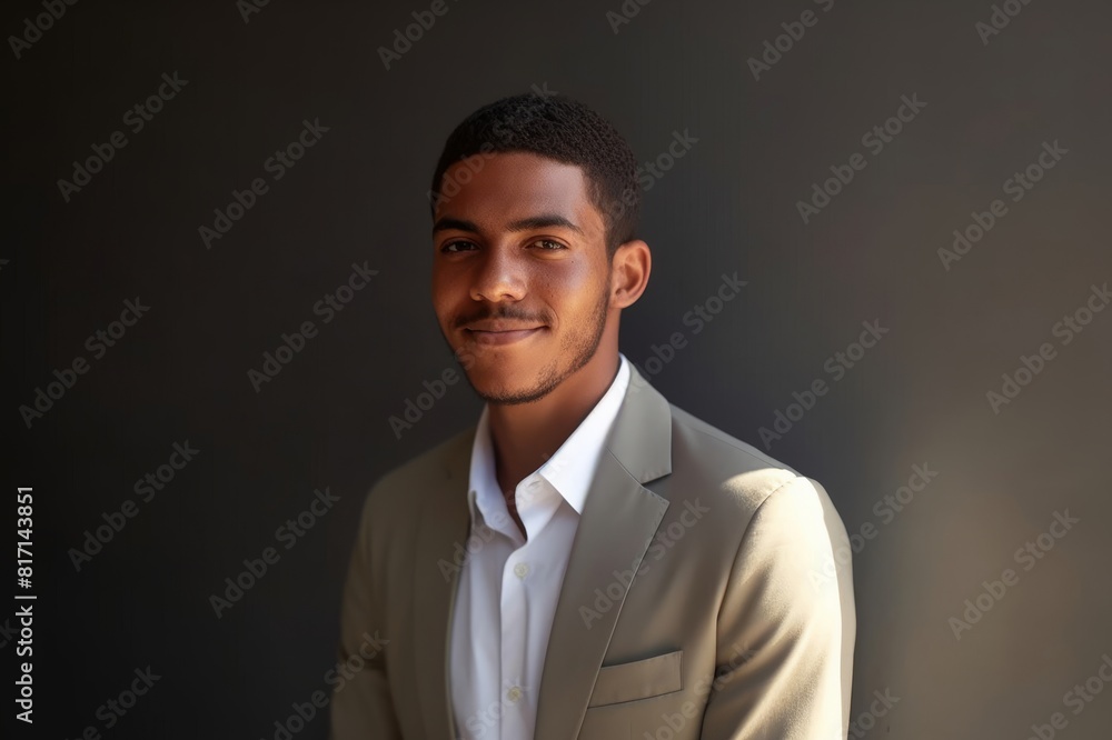 Poster portrait of businessman against wall at workplace