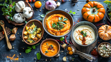 A table full of food with a pumpkin on it. The table is covered with bowls of food and a spoon