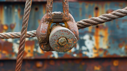 A rusty chain is attached to a metal object. The chain is old and rusted, and the object it is...