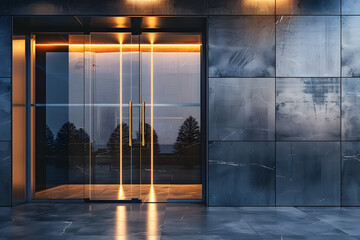 Modern office building entrance at twilight