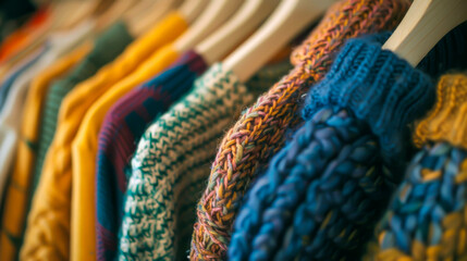 A rack of sweaters with a blue one in the middle. The sweaters are colorful and knitted