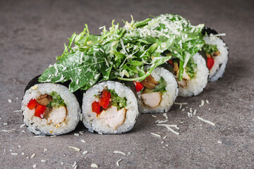 delicious fresh sushi futomaki roll with chicken bell pepper cucumber