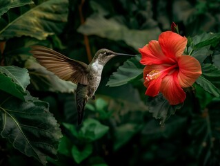 Hummingbird perched by red Hawaiian hibiscus flower, a pollinator