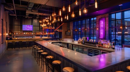 A chic downtown bar with contemporary decor, featuring elegant lighting, high stools, and a well-stocked counter, illuminated with neon signs.