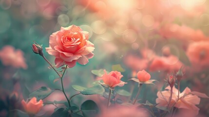 A vibrant rose blossom stands out against a backdrop of softly blurred pink roses in the enchanting garden of blossoms Nature s beauty at its finest