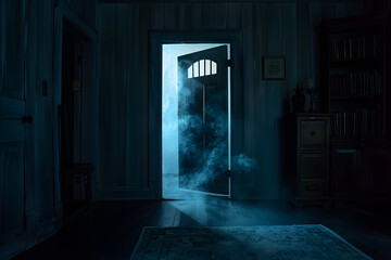 Naklejka premium Mysterious mist through open door at night