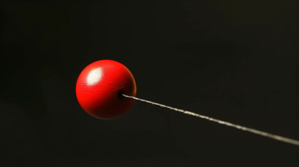 A red ball is suspended in the air by a string. Concept of playfulness and fun, as the ball is being used for a game or activity. The red color of the ball adds to the cheerful atmosphere