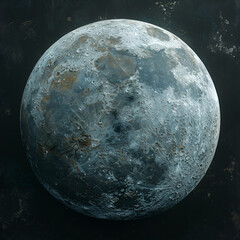 A highly detailed and realistic digital illustration of the moon, with a matte texture and blueish grey color. The surface is textured like aged concrete or marble, with visible cracks old appearance