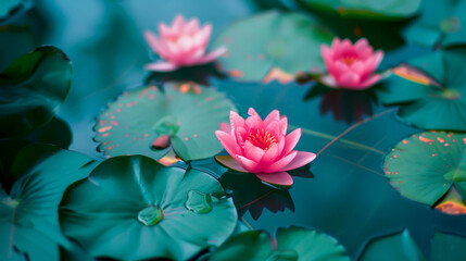 Naklejka premium A group of pink flowers floating in a pond. The flowers are surrounded by green leaves and the water is calm. Concept of tranquility and serenity