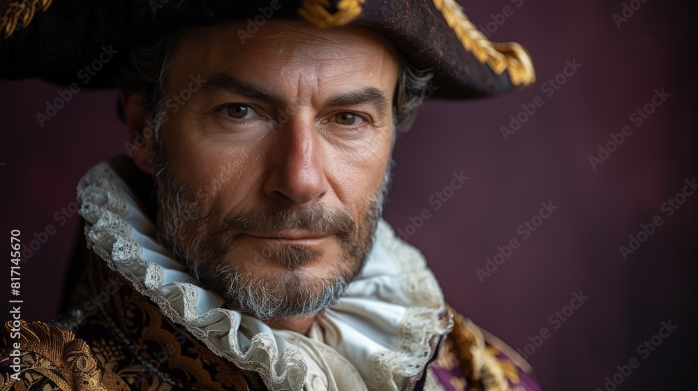 Wall mural Portrait of a man in historical Renaissance attire, royal purple background