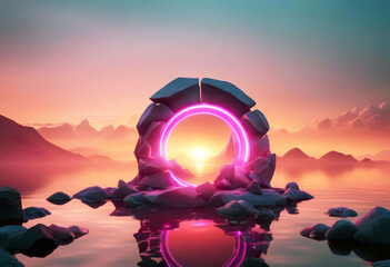 'water reflection rocks landscape mystical portal rectangular neon glowing sunrise sunset wallpaper futuristic abstract rendering 3d three-dimensional background terrain mountain frame square'