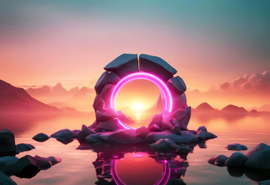 'water reflection rocks landscape mystical portal rectangular neon glowing sunrise sunset wallpaper futuristic abstract rendering 3d three-dimensional background terrain mountain frame square' - Powered by Adobe