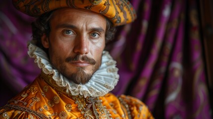 Portrait of a man in historical Renaissance attire, royal purple background