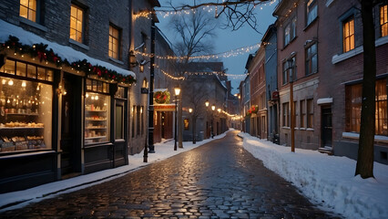 Snowy evening in a historic town street