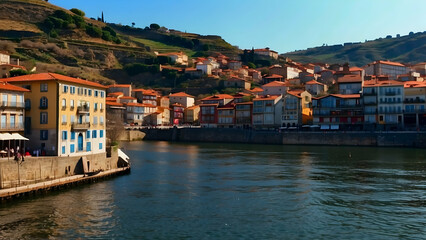 Riverside buildings with hillside homes backdrop