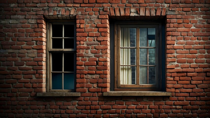 Two windows on a rustic red brick wall